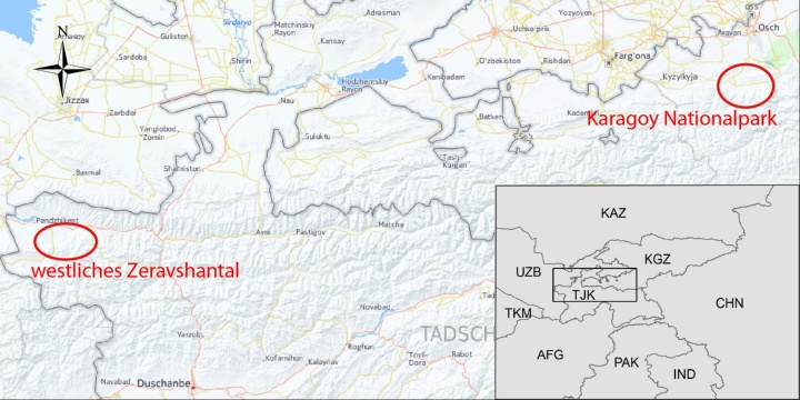 Figure 1: Overview of the location of the study area in Tajikistan (western Zeravshan valley) and the reference area in Kyrgyzstan (Kyrgiz-Ata National Park).